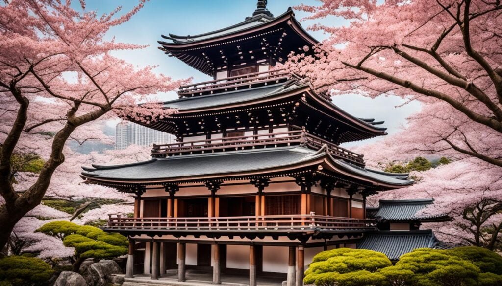 Traditional Japanese temple with cherry blossoms